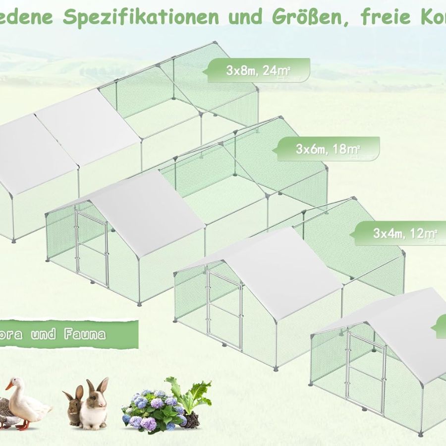 Kippenhok – Kippenren – Pluimveehok – Kippenkooi – Dierenverblijf – Gegalvaniseerd Stalen Frame – UV-bestendig PE Dak – 3 x 8 x 2 Meter