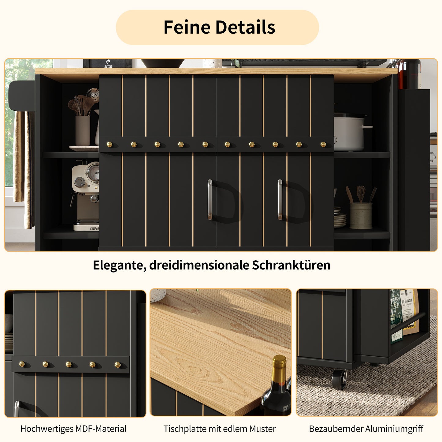 Keukenwagen – Keukentrolley – Keukenkar – Desserte – Werkbladwagen – Inklapbaar Werkblad – Veel Opbergruimte – Zwart Met Houtlook – 110x42x90 cm