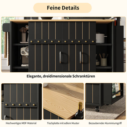 Keukenwagen – Keukentrolley – Keukenkar – Desserte – Werkbladwagen – Inklapbaar Werkblad – Veel Opbergruimte – Zwart Met Houtlook – 110x42x90 cm