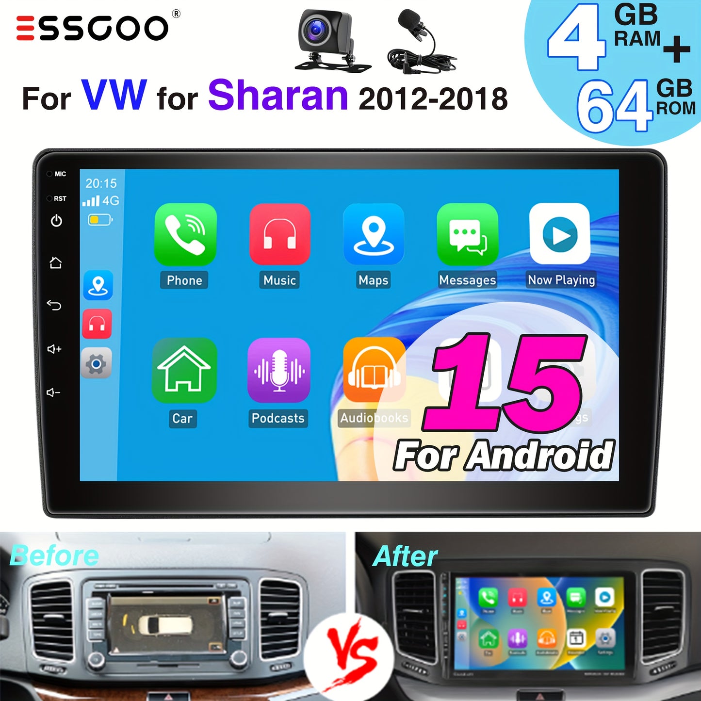 Multimedia Car Radio – 2-DIN Autostereo – Inbouw Radio – 9-Inch Touchscreen – Navigatiesysteem – 4+64GB Opslag – Android Auto & Wireless CarPlay – AHD Camera & Microfoon