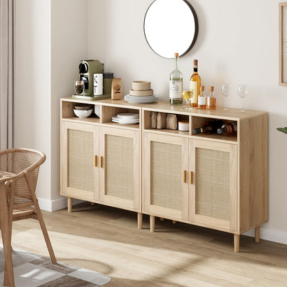 Dressoir – Opbergkast – Buffetkast – Sideboard – Dressoirkast – Rattan Deuren – Massief Houten Poten – 80x92x40 cm – 2 Open Planken