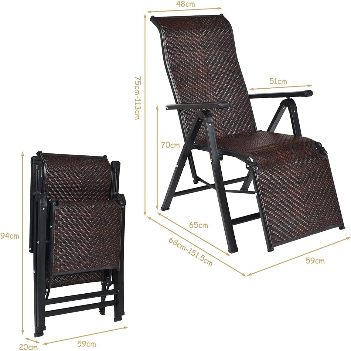 Ligstoel – Ligbed – Relaxstoel – Strandstoel – Tuinstoel – Set Van 2 Inklapbare Ligstoelen Met Armleuningen – 10-Voudig Verstelbare Rugleuning – Weerbestendig PE Rattan