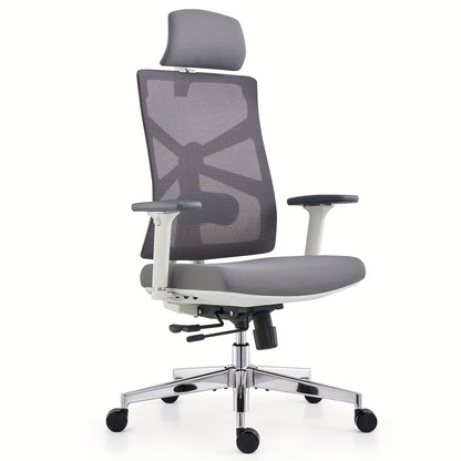 Ergonomische Bureaustoel – Kantoorstoel – Werkstoel – Computerstoel – Gamingstoel – Ademend Mesh – 4D Verstelbare Armleuningen – Verstelbare Hoofd- en Lendensteun – Traagschuim Zitkussen – 360° Draaibaar – Wit Frame
