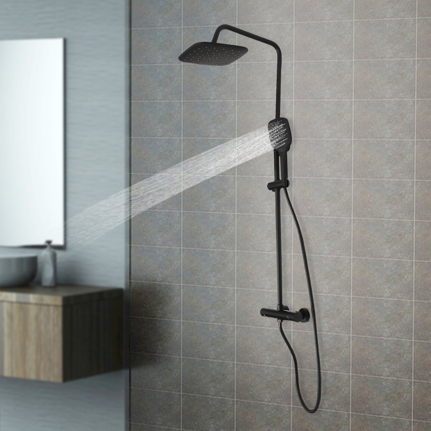 Thermostaatkraan – Douchekraan – Doucheset – Regendouche – Mengkraan – Messing Zwart – Thermostatische Temperatuurregeling – Verstelbare Hoogte