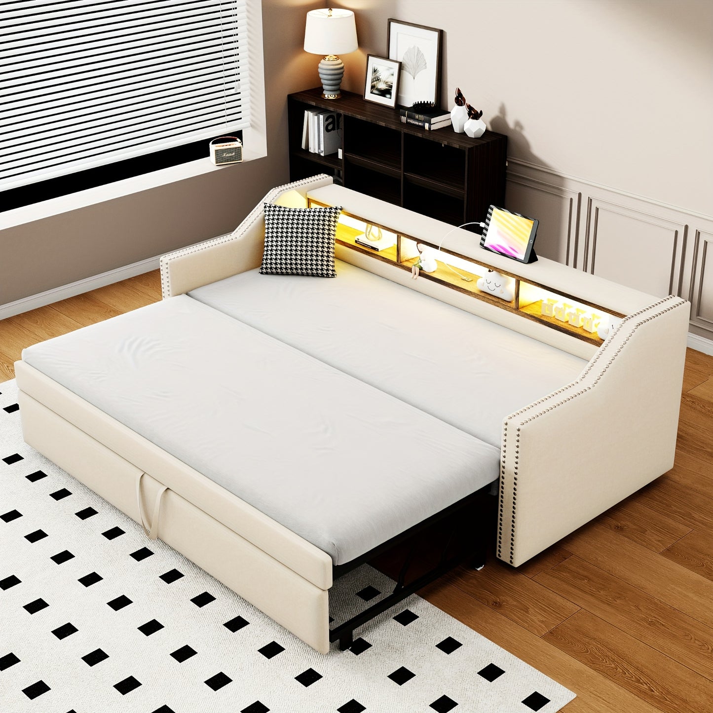 Slaapbank – Bedbank – Logeerbank – Uitklapbank – Sofa Bed – Compact Formaat – Met Opbergruimte – Stevig Frame – Beige Bekleding