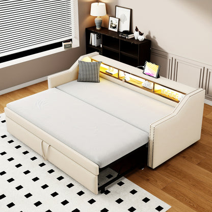 Slaapbank – Bedbank – Logeerbank – Uitklapbank – Sofa Bed – Compact Formaat – Met Opbergruimte – Stevig Frame – Beige Bekleding