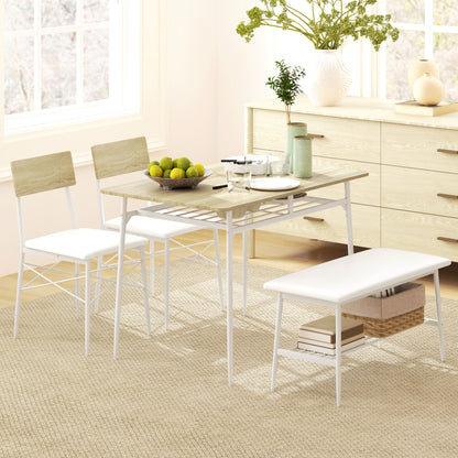 Eettafelset 4 Personen – Eettafel Met Stoelen – Eettafelbank – Dinerset – Eetkamerset – Eikenhout – Stalen Frame – Gewatteerde Zitplaatsen