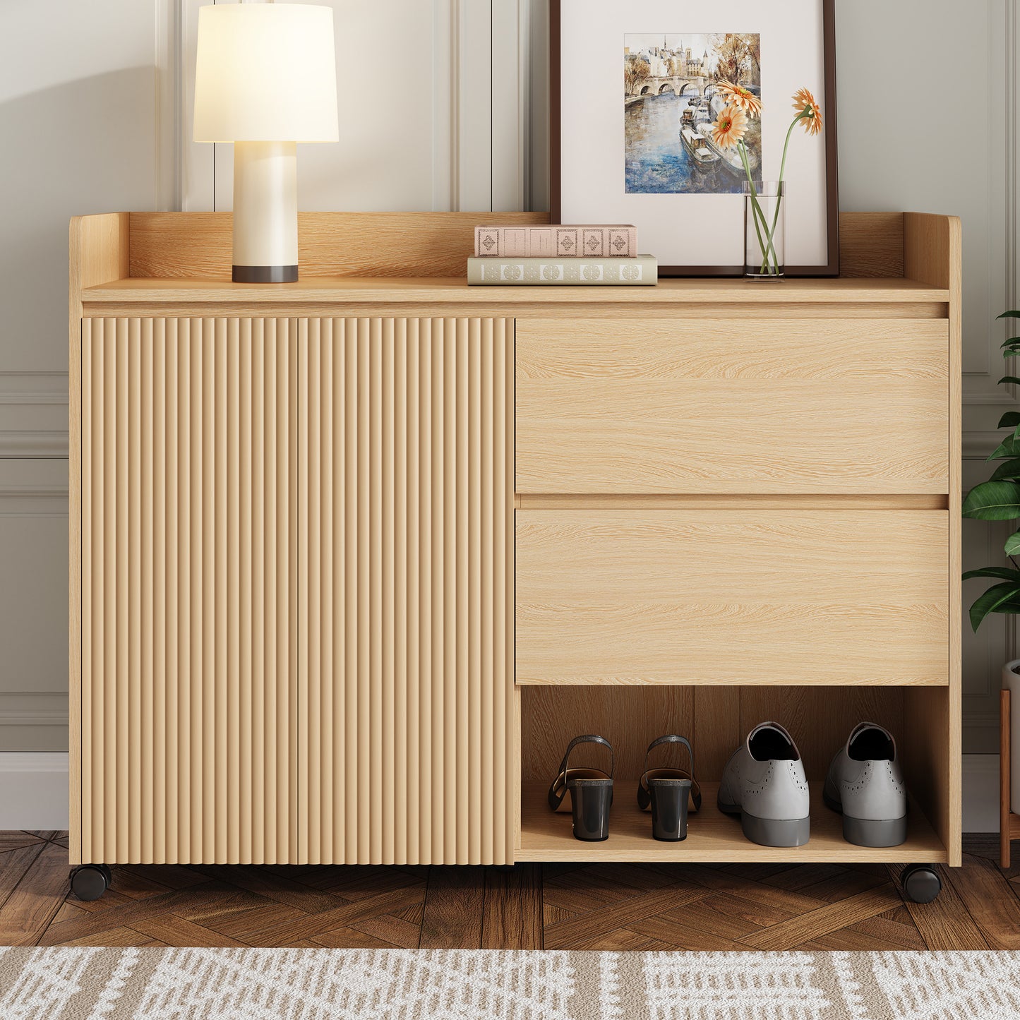BTM Shoe Cabinet with Wood Look, Wheels, and Brake, Dresser with Adjustable Shelves, Drawers, and Open Compartments, Modern Hall Cabinet for Entryway or Living Room, 110×35×86 cm