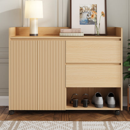 BTM Shoe Cabinet with Wood Look, Wheels, and Brake, Dresser with Adjustable Shelves, Drawers, and Open Compartments, Modern Hall Cabinet for Entryway or Living Room, 110×35×86 cm
