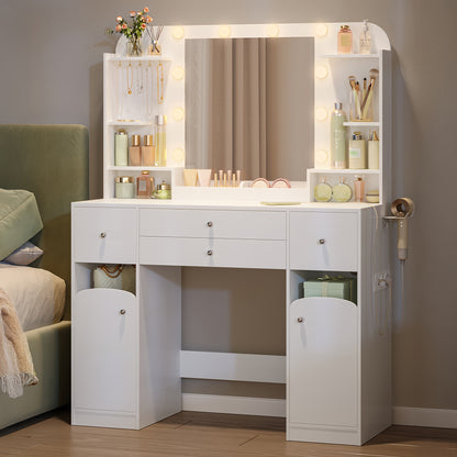Make-up Tafel – Kaptafel – Make-up Organizer – Cosmeticatafel – Schminktafel – Verstelbare LED Verlichting – Haardrogerhouder – 108 cm Breed – 2 Lades & 2 Kasten - Wit