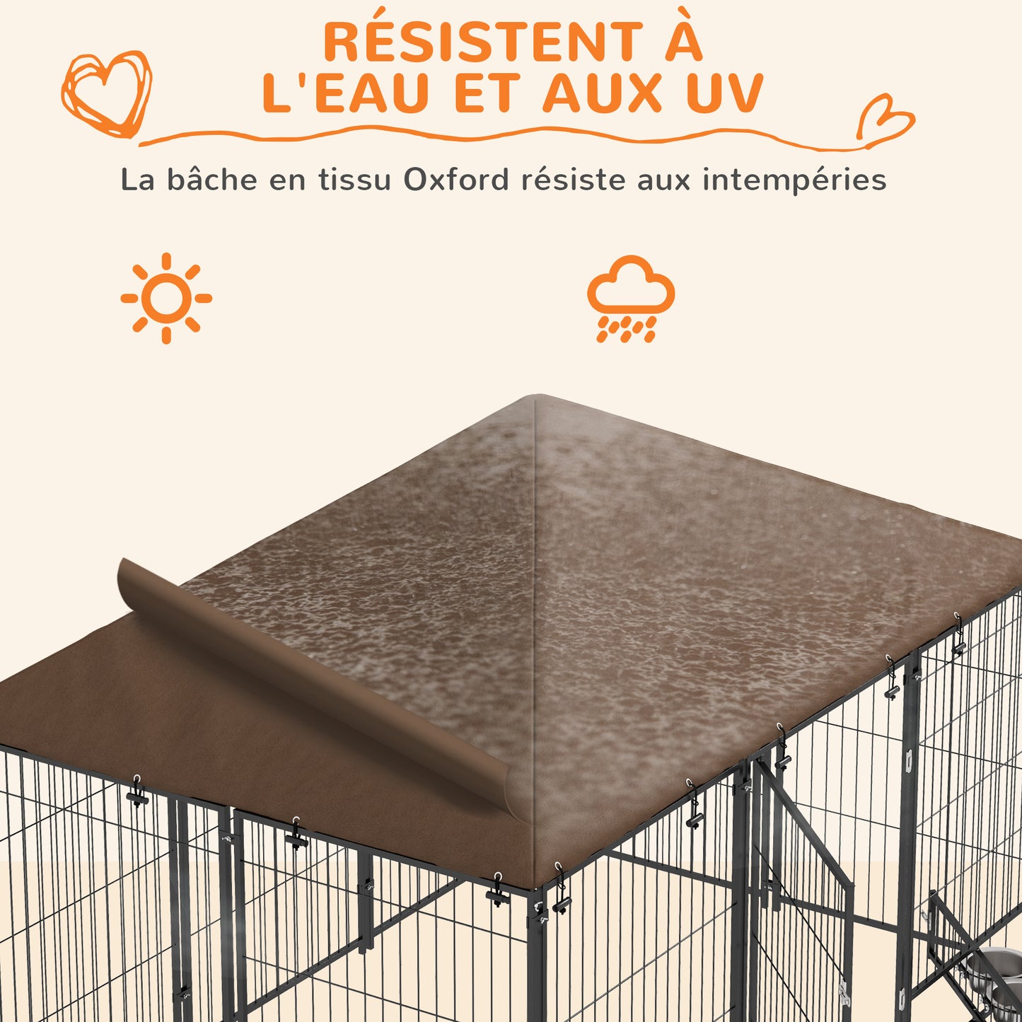 Hondenkennel – Hondenhok – Hondenren – Buitenkennel – Hondenverblijf – Stevig Stalen Frame – Weerbestendig Oxford Dak – Voederdeur Met Bakjes – Ruim 211x141x151 cm – Chestnut