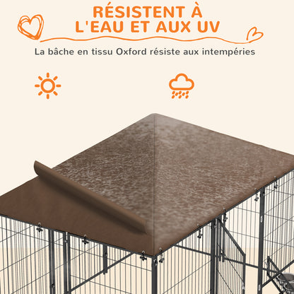 Hondenkennel – Hondenhok – Hondenren – Buitenkennel – Hondenverblijf – Stevig Stalen Frame – Weerbestendig Oxford Dak – Voederdeur Met Bakjes – Ruim 211x141x151 cm – Chestnut