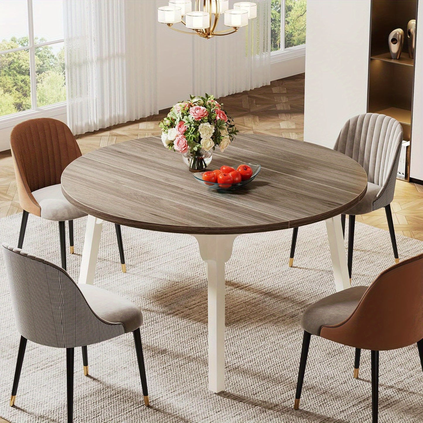 Eettafel – Ronde Tafel – Keukentafel – Tafeltje – Eetkamertafel – Industrieel Design – Massief Houten Poten – 120 cm Diameter – Ruimtebesparend – Wit-Grijs Licht Hout
