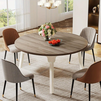 Eettafel – Ronde Tafel – Keukentafel – Tafeltje – Eetkamertafel – Industrieel Design – Massief Houten Poten – 120 cm Diameter – Ruimtebesparend – Wit-Grijs Licht Hout