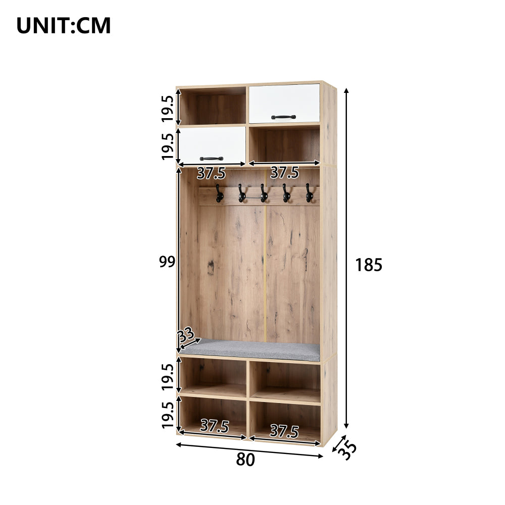 Kapstok – Halmeubel – Garderoberek – Zitbank – Opbergmeubel – 5 Haken – 2 Deuren Met 6 Open Vakken – Natuurlijk Hout Met Wit – 80x185x35 cm