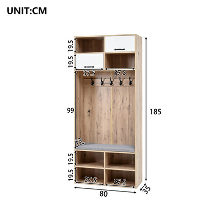 Kapstok – Halmeubel – Garderoberek – Zitbank – Opbergmeubel – 5 Haken – 2 Deuren Met 6 Open Vakken – Natuurlijk Hout Met Wit – 80x185x35 cm
