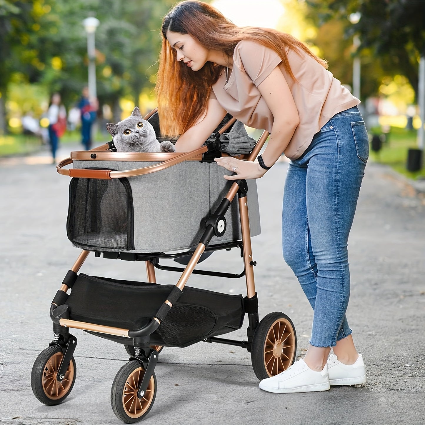 Hondenwagen – Hondenbuggy – Huisdierwagen – Dierenwagen – Kattenbuggy – Geschikt tot 25 kg – 4 Rubberwielen met Schokdempers – Inklapbaar – Lichtgewicht Carbonstaal Frame – Champagne Golden Black