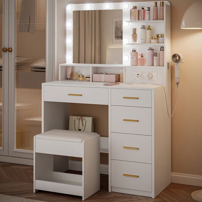 Kaptafel – Make-uptafel – Schminktisch – Dressing Table – Vanity Table – Wit – 3-in-1 LED-verlichting – Inclusief Kruk Met Opbergruimte
