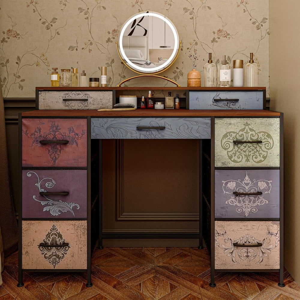 Make-up Tafel – Make-up Kast – Dressoir – Opbergmeubel – Schminktafel – 9 Lades – Houten Blad – Metalen Frame – Zwart – Stof Lades