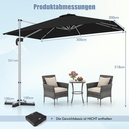 Vierkante Parasol – Zonnescherm – Tuinparasol – Terrasparasol – Marktkraamparasol – 300 x 300 cm – 360° Draaibaar – Verstelbare Kantelfunctie – Zwart