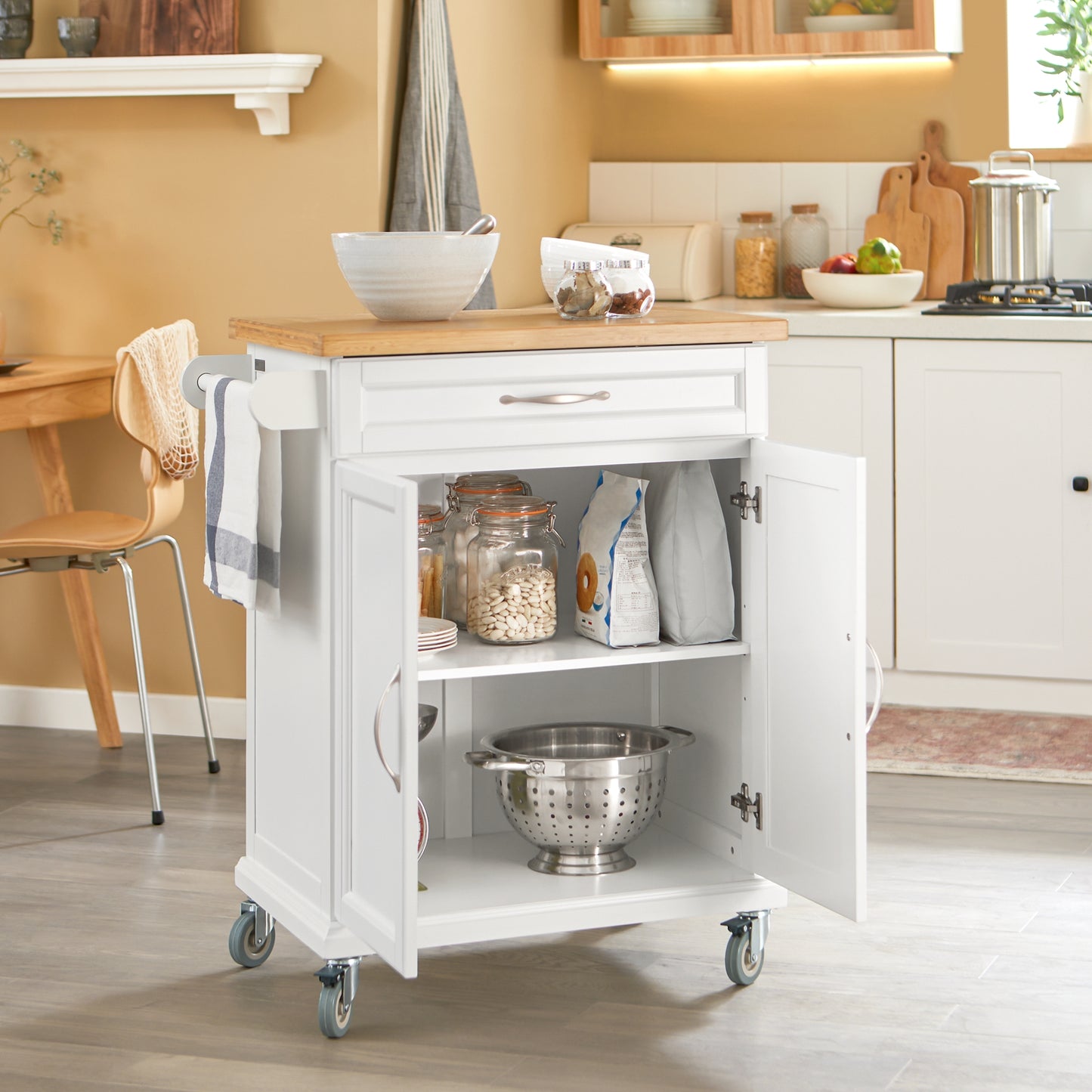 Keukentrolley – Keukenwagen – Serveerwagen – Keukenkast – Opbergtrolley – Bamboe Werkblad – 66x45x91 cm – MDF Frame – Verrijdbaar met Remmen