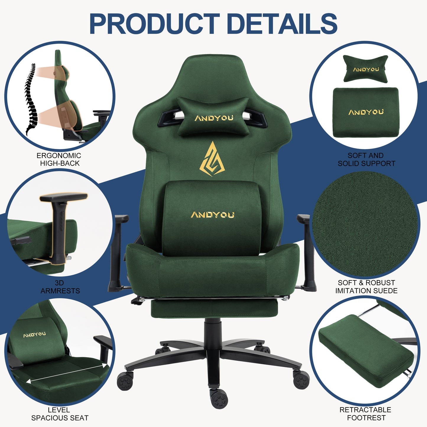 3D Armrests+220kg Load, Andyou Office, Chair Ergonomic PC Chair - Faux, 18° Tilt, 90-155° Recline, Office Chair.