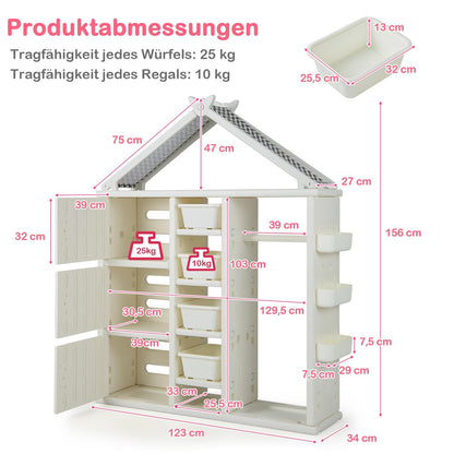 Kinderkast Huisvorm – Kinderen Boekenkast – Speelgoedkast – Opbergrek – Kledingrek – 4 Opbergdozen – Veilig HDPE Materiaal – Kantelbeveiliging