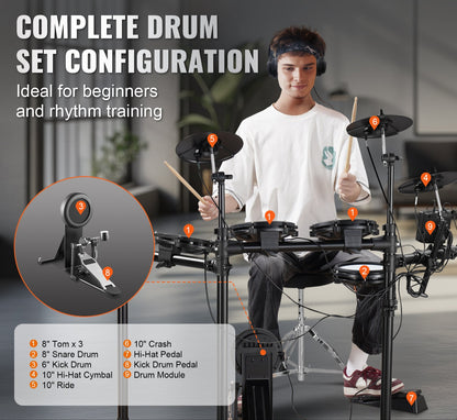 Elektronische Drumstel – Elektrisch Drumstel – Elektronisch Drumset – Digitale Drumkit – E-Drum – 480 Geluiden – 32 Drumkits – Verstelbare Drumkruk – Dual-Trigger Snaredrum
