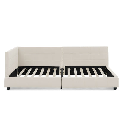 Slaapbank – Sofa Bed – Bedbank – Hoekbank – Vouwbank – Modern – Licht Beige Fluweel – Ruimtebesparend L-Vormig Ontwerp – Stevig Teakhout & IJzeren Frame