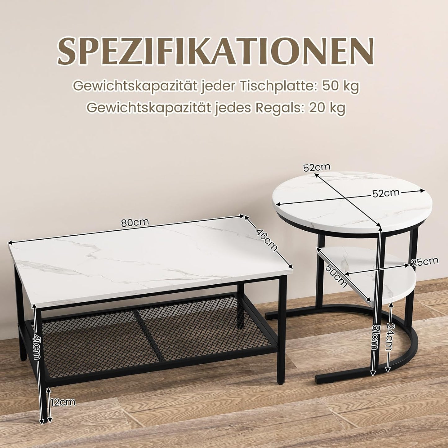 Salontafel – Bijzettafel – Woonkamertafel – Sofa Tafel – 2-Delige Set – Marmerlook Tafelbladen – Stevig Metalen Frame