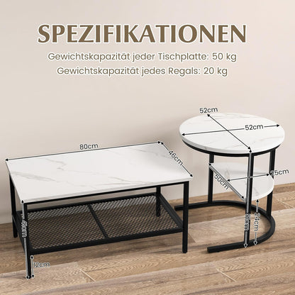 Salontafel – Bijzettafel – Woonkamertafel – Sofa Tafel – 2-Delige Set – Marmerlook Tafelbladen – Stevig Metalen Frame