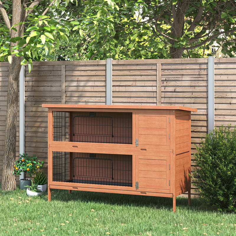 Double-Story Small Animal Hutch with Ramp & Removable Ramp Door - Sturdy Fir Wood Guinea Pig Cage, Rabbit House with Lower Storage Shelf, Spacious Two-Level Design, Easy-Clean Sliding Tray & Ventilation Mesh - 53.5"x19.7"x36.