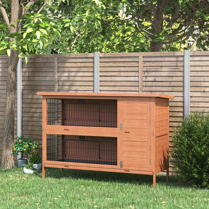 Double-Story Small Animal Hutch with Ramp & Removable Ramp Door - Sturdy Fir Wood Guinea Pig Cage, Rabbit House with Lower Storage Shelf, Spacious Two-Level Design, Easy-Clean Sliding Tray & Ventilation Mesh - 53.5"x19.7"x36.