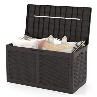Opbergbox Tuinkist Tuinbox Buitenopberger Balkonbox – Rattan Opbergkist – 380 Liter – Waterdicht PP – Met Wieltjes & Zitfunctie 200 kg