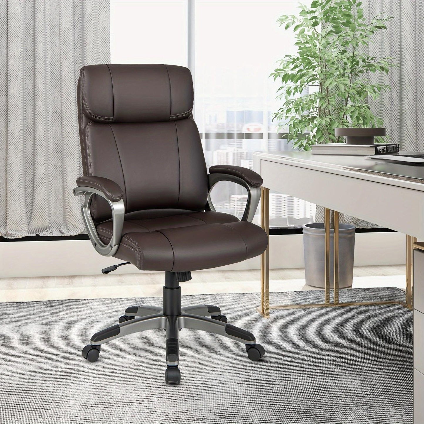 Ergonomische Bureaustoel – Kantoorstoel – Bureaustoel Draaibaar – Werkstoel – Bureaufauteuil – Kunstleer Bruin – Kantelbare Rugleuning – Verstelbare Zithoogte