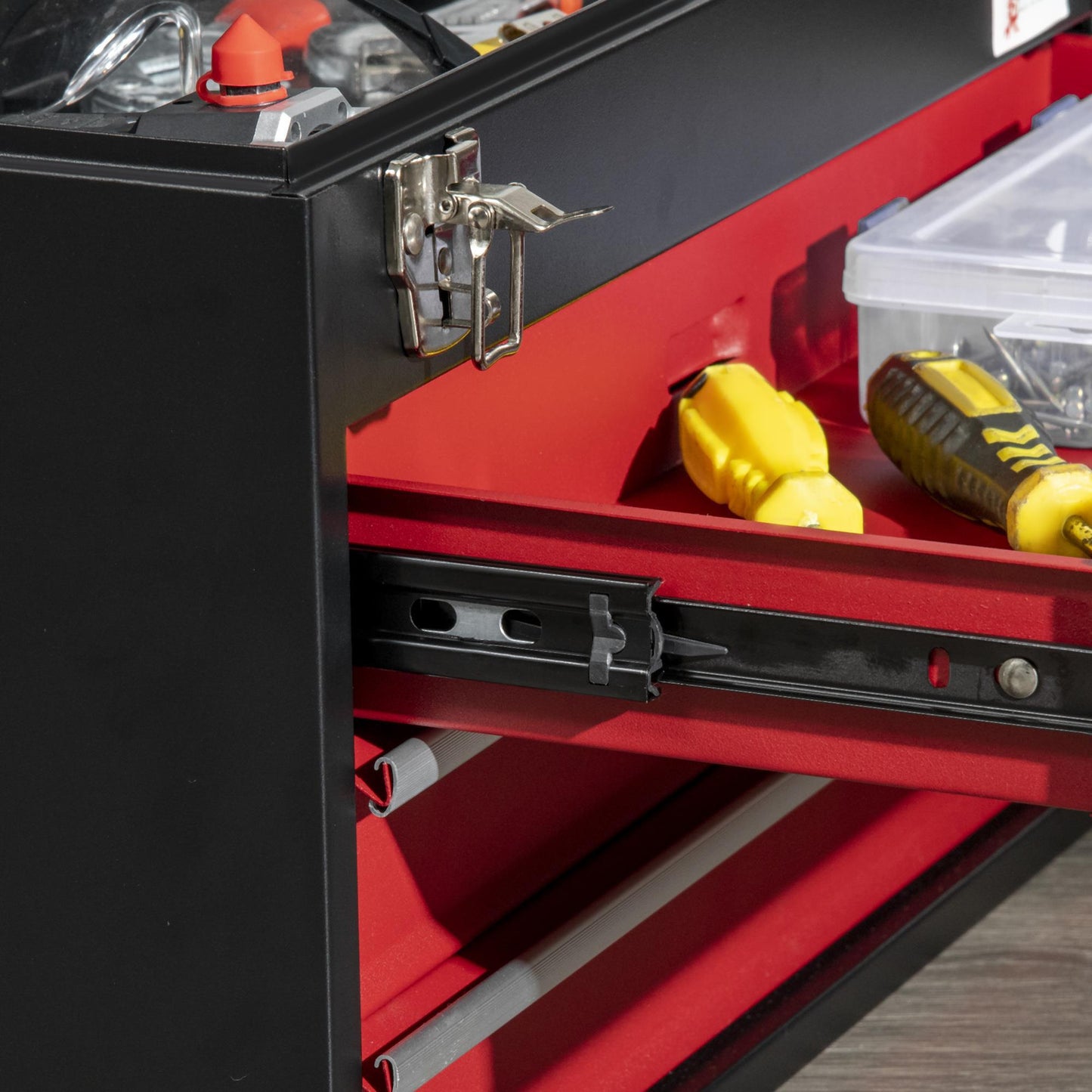 Gereedschapskist – Gereedschapskoffer – Toolbox – Opbergkist – Gereedschapsbox – 3 Laden Met Slot – Stalen Zwarte Kast Met Rood