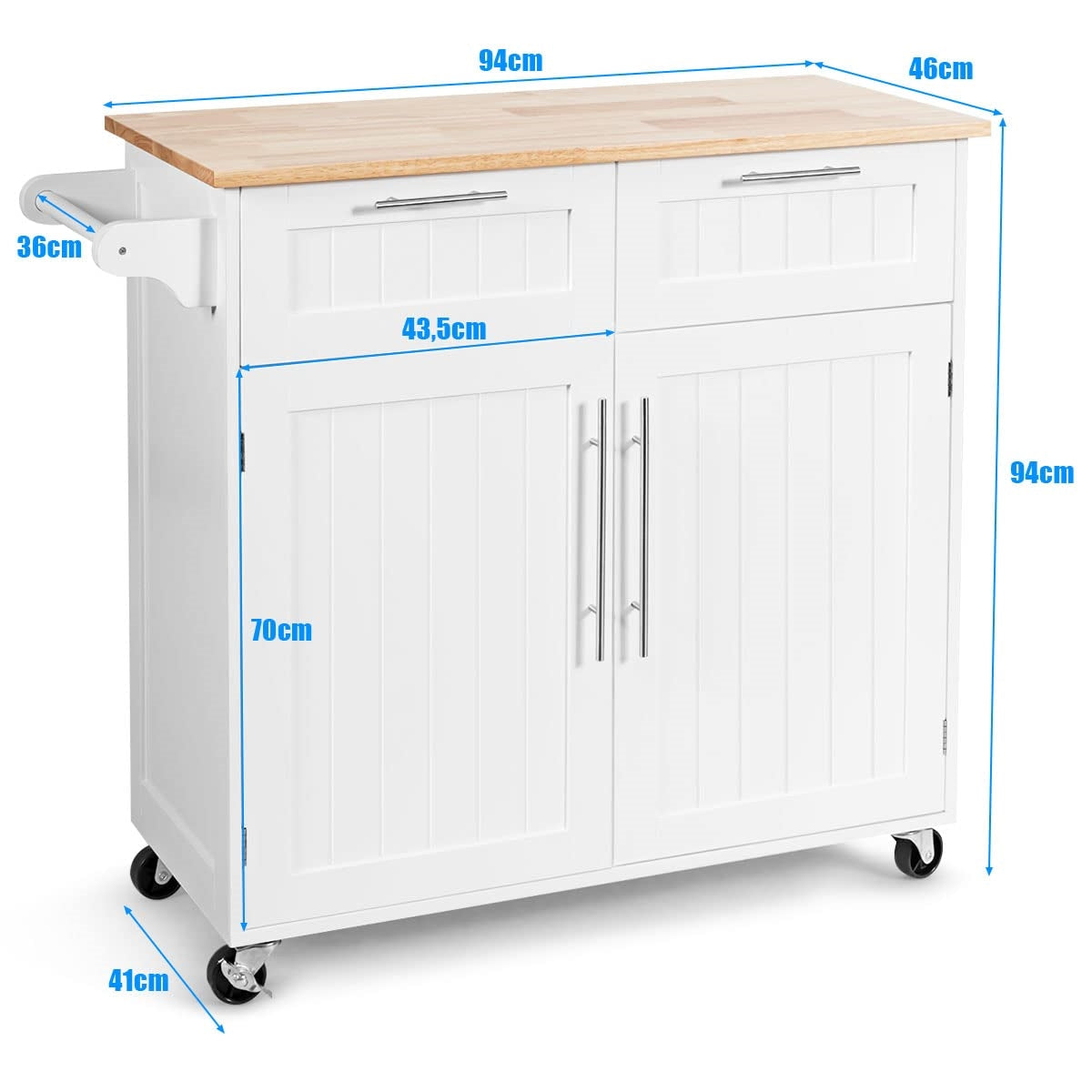 Keukeneiland – Keukenwagen – Serveerwagen – Werktafel – Keukentrolley – Met Handdoekhouder – 2 Laden & 2 Deuren – Witte Rubberwood Constructie