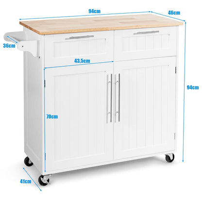 Keukeneiland – Keukenwagen – Serveerwagen – Werktafel – Keukentrolley – Met Handdoekhouder – 2 Laden & 2 Deuren – Witte Rubberwood Constructie