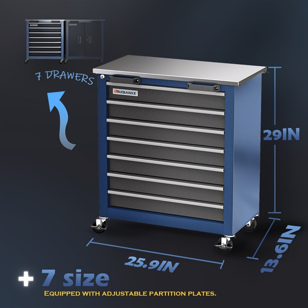 Combination Tool Cabinet, Stainless Steel Countertop, 7-Drawer Toolbox And Double Door Tool Cabinet, Connected for Use, Locking System Tool Storage Cabinet with Wheels And Padded Feet, for Garage