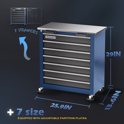 Combination Tool Cabinet, Stainless Steel Countertop, 7-Drawer Toolbox And Double Door Tool Cabinet, Connected for Use, Locking System Tool Storage Cabinet with Wheels And Padded Feet, for Garage