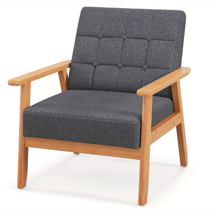 Fauteuil – Accentstoel – Leunstoel – Loungestoel – Armstoel – Mid-Century Modern Design – Ademend Linnen – Stevig Rubberhouten Frame – Grijs – Draagkracht 150 kg