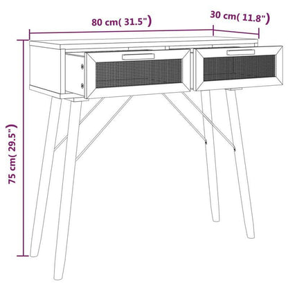 Consolentafel – Sidetable – Halmeubel – Wandtafel – Opbergmeubel – Massief Eikenhout & Natuurlijk Rotan – 2 Laden & Ruimtebesparend – 80x30x75 cm – Rustiek Modern