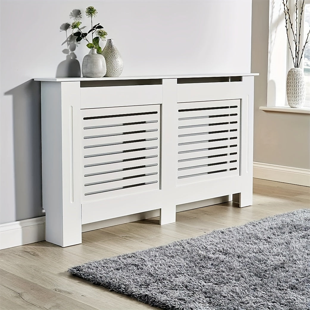 Radiatorombouw – Radiatorkast – Verwarmingsdeksel – Radiatorbekleding – Radiatorafdekking – Wit Houten Design – 100 cm Hoog – 3,2 Cu Ft Opbergruimte – Ventilerend Lamellenpatroon