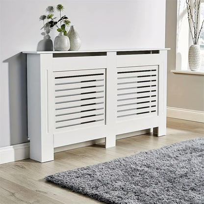 Radiatorombouw – Radiatorkast – Verwarmingsdeksel – Radiatorbekleding – Radiatorafdekking – Wit Houten Design – 100 cm Hoog – 3,2 Cu Ft Opbergruimte – Ventilerend Lamellenpatroon