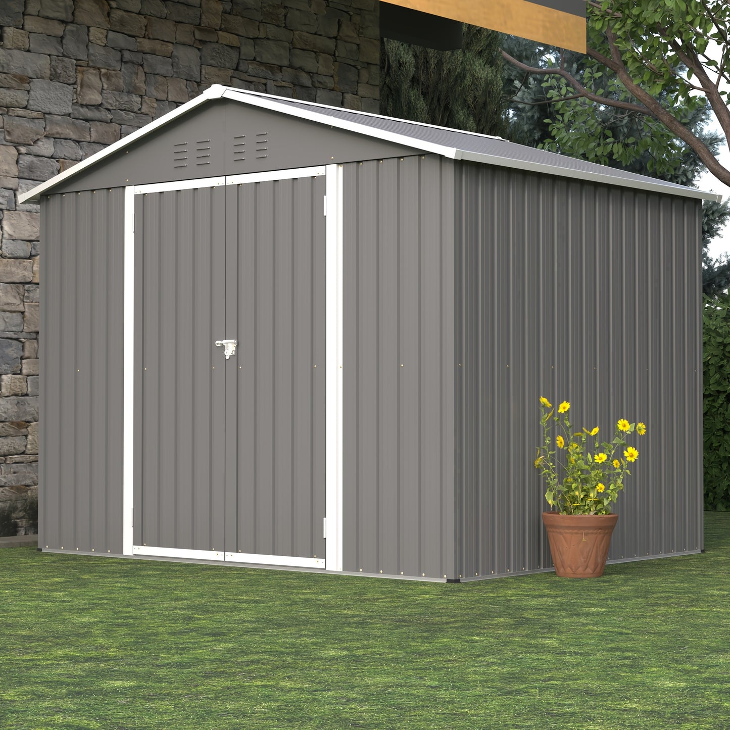 Metalen Opbergschuur – Tuinschuur – Fietsenberging – Tuingereedschapberging – Buitenberging – Verzinkt Staal – Ventilatie – Slot – 243,8x121,9 cm – Afneembaar