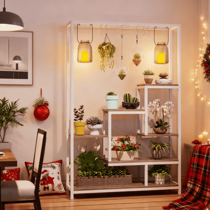 5-Tier Plantenrek – Bloementafel – Plantenstandaard – Bloemendisplay – Plantenhouder – 180 cm Hoog – Metalen Opbergrek – Versteldbaar – Wit-Beige