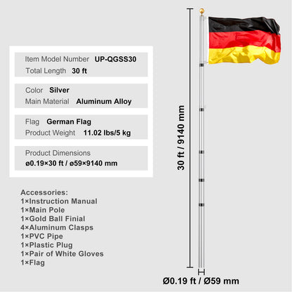 Vlaggenstok – Vlaggenmast – Telescopische Mast – Uitschuifbare Vlaggenstok – Aluminium Mast – 9 Meter Hoogte – Weerbestendig Aluminium