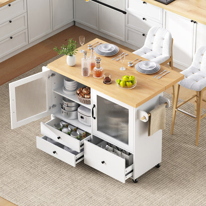 Mobile Kitchen Island with Castors and Extendable Dining Table | Featuring Glass Rack, Storage Compartments, Enclosed-Storage, Metal, Ideal for Kitchens and Dining Areas, White
