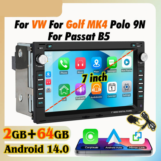 Android 14 Autoradio – Multimedia Speler – Navigatiesysteem – Touchscreen Radio – Bluetooth Headunit – 7 Inch HD Scherm – Draadloze CarPlay & Android Auto – Geschikt Voor VW Golf 4 Passat B5 Sharan