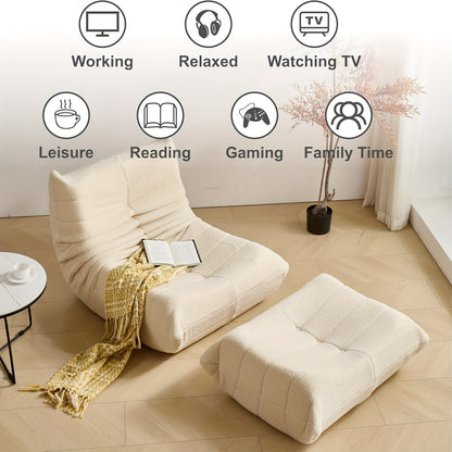 Loungestoel – Zitzakstoel – Armloze Fauteuil – Accentstoel – Chaise Lounge – Ergonomisch Ontwerp – Zachte Sherpa Bekleding – Beige Met Voetenbank